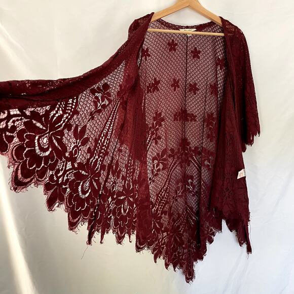 Miami Lace draped cardigan burgundy floral sheer top women's size small boho - Picture 5 of 7